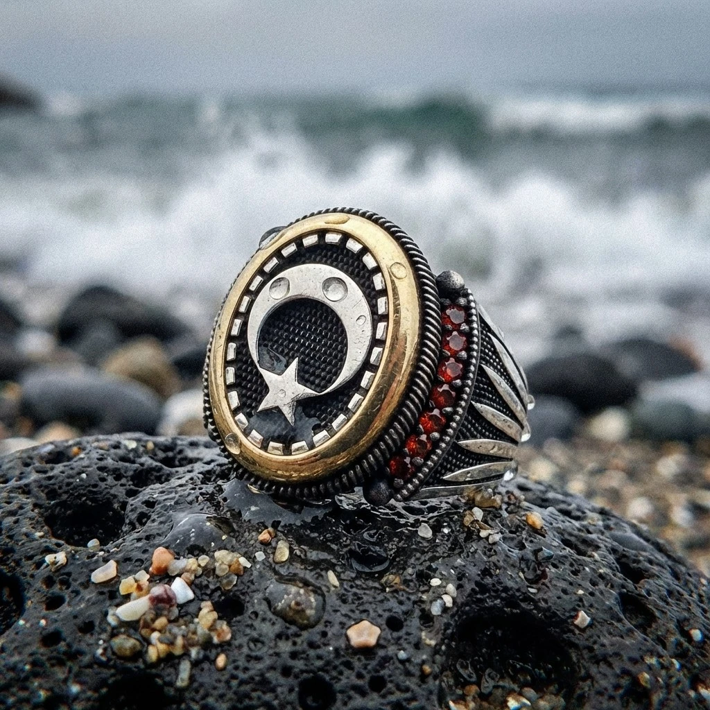 Oval Çerçeve Kasa Ay Yıldız Figürlü Mikro Taş Gümüş Erkek Yüzüğü