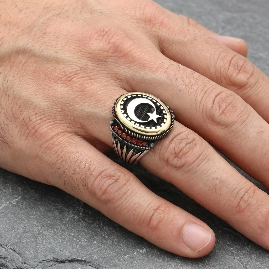 Oval Çerçeve Kasa Ay Yıldız Figürlü Mikro Taş Gümüş Erkek Yüzüğü