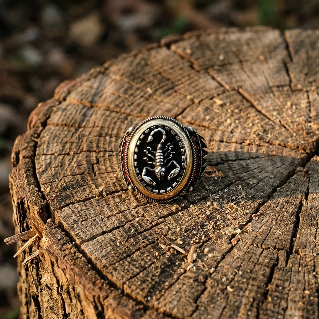 Oval Çerçeve Kasa Akrep Figürlü Mikro Taş Gümüş Erkek Yüzüğü