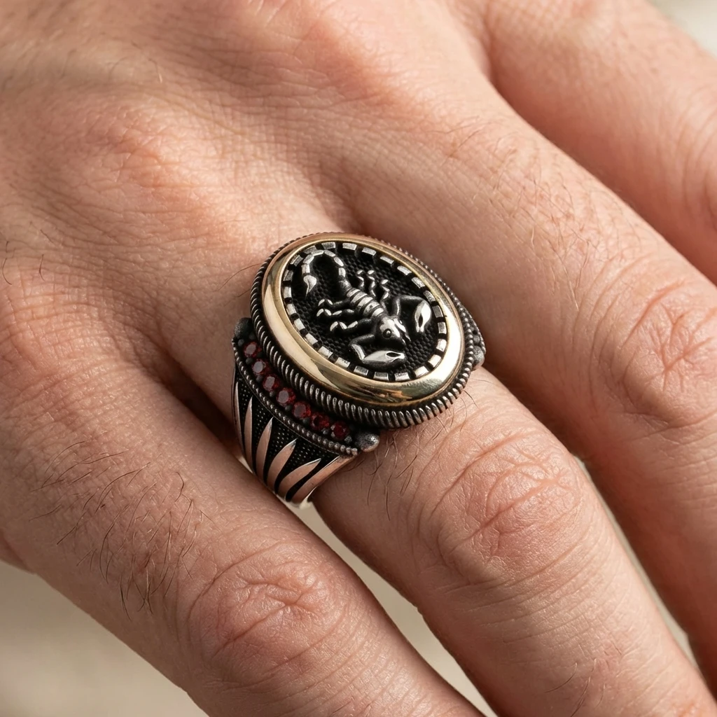 Oval Çerçeve Kasa Akrep Figürlü Mikro Taş Gümüş Erkek Yüzüğü