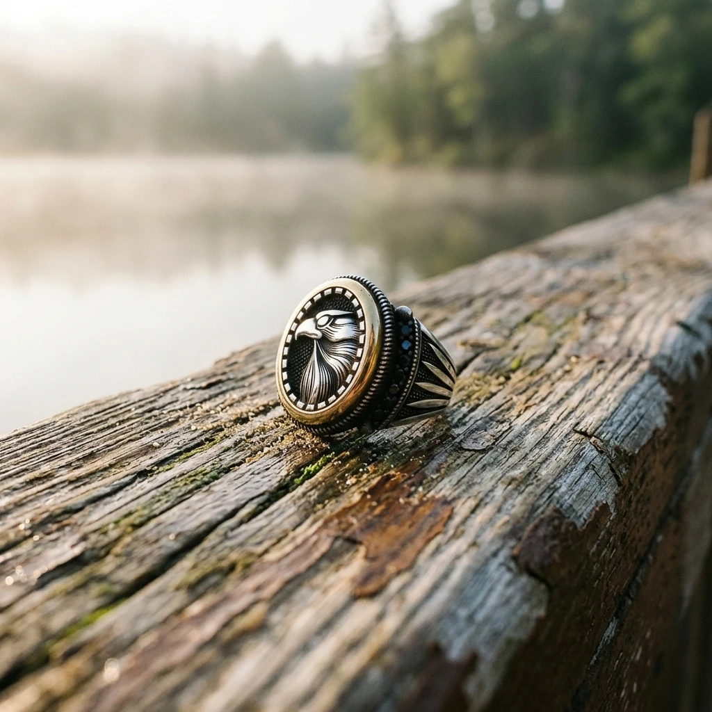 Oval Çerçeve Kasa Kartal Figürlü Mikro Taş Gümüş Erkek Yüzüğü