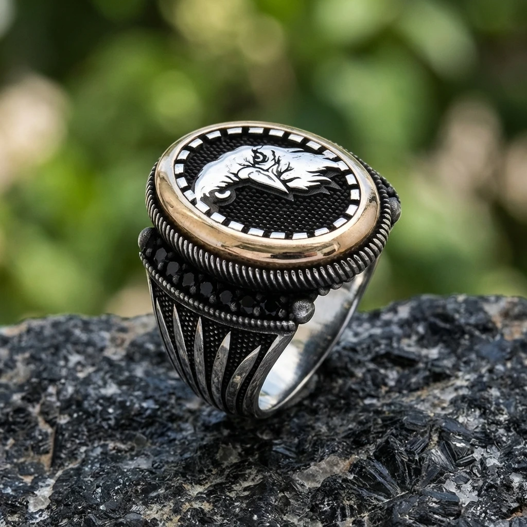 Oval Çerçeve Kartal Figürlü Mikro Taş Gümüş Erkek Yüzüğü