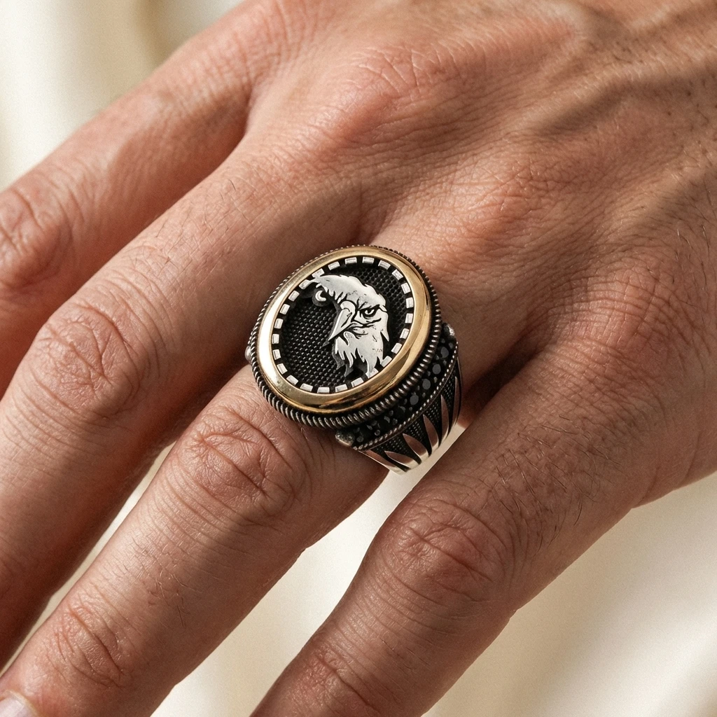 Oval Çerçeve Kartal Figürlü Mikro Taş Gümüş Erkek Yüzüğü