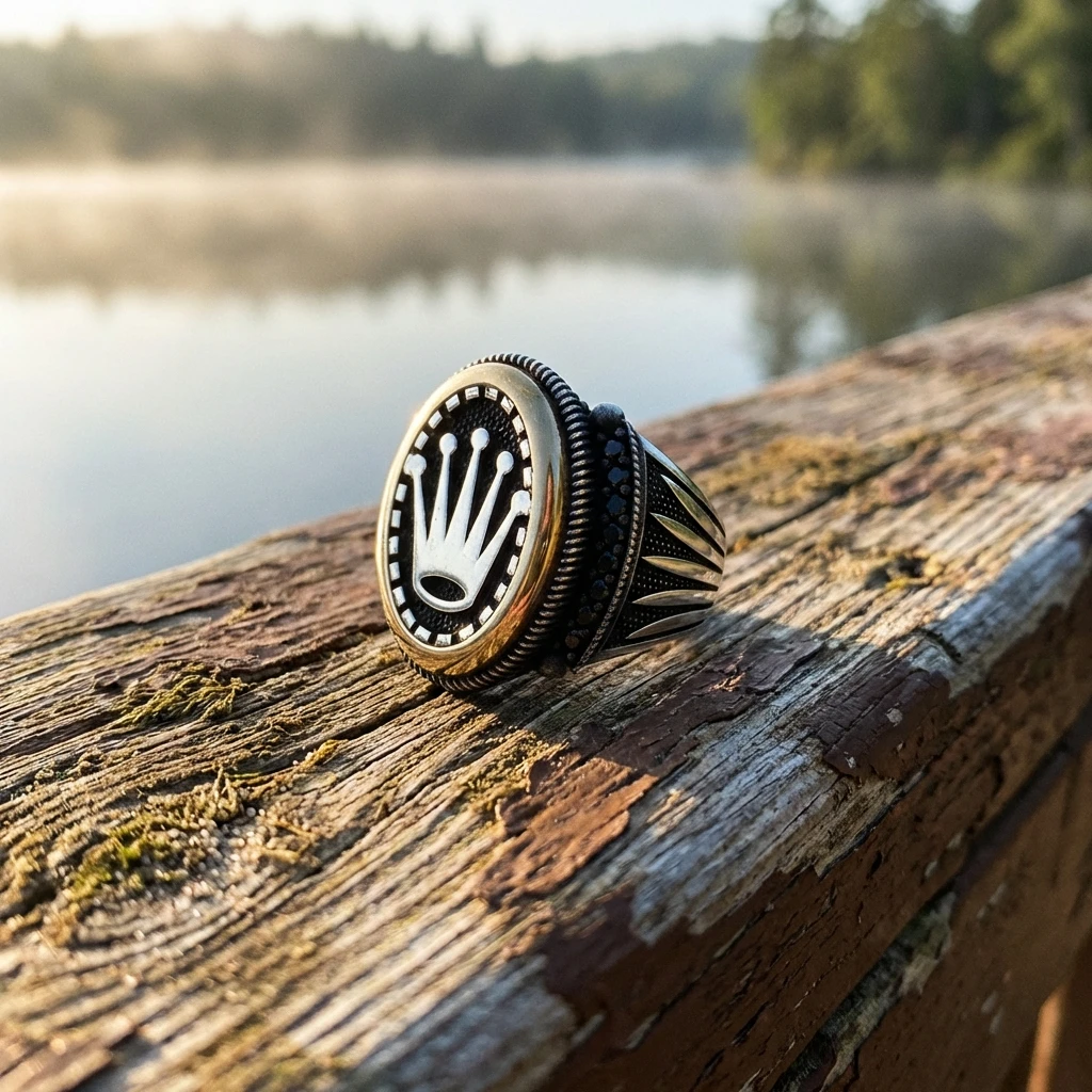 Oval Çerçeve Kasa Rolex Taç Figürlü Mikro Taş Gümüş Erkek Yüzüğü