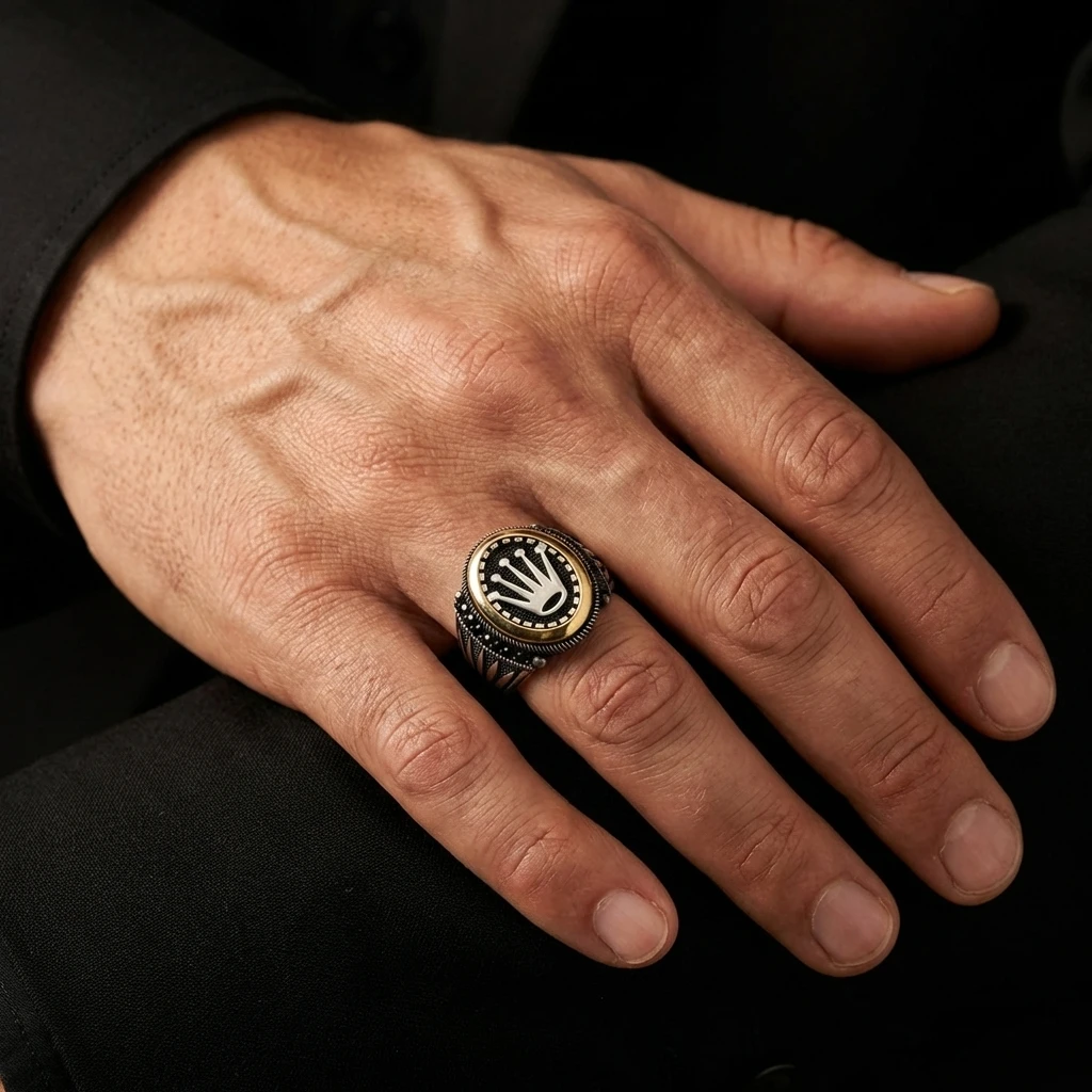 Oval Çerçeve Kasa Rolex Taç Figürlü Mikro Taş Gümüş Erkek Yüzüğü