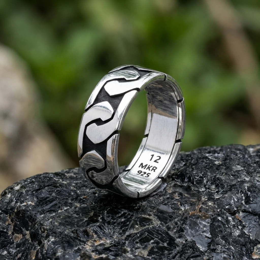 Geometrik Desenli Erkek Gümüş Alyans