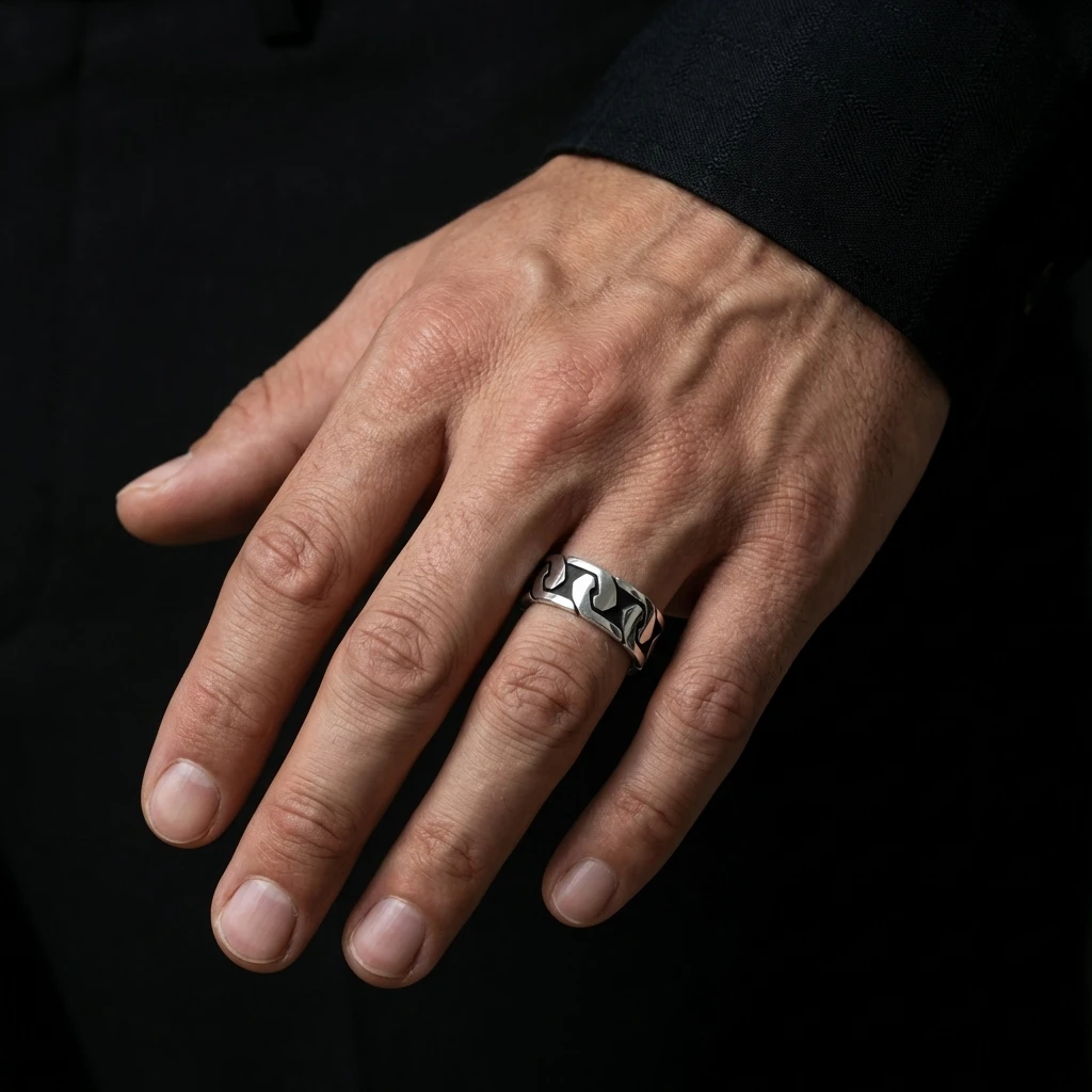 Geometrik Desenli Erkek Gümüş Alyans