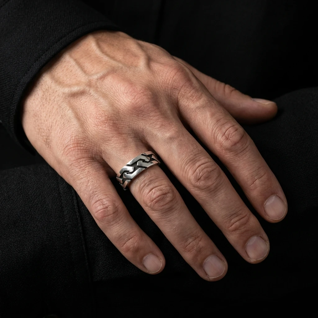 Modern Geometrik Labirent Desenli Gümüş Alyans