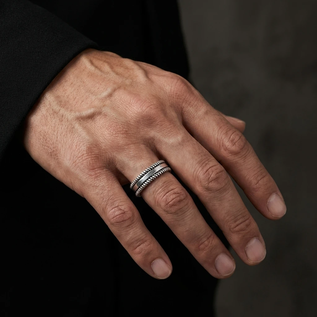 Gümüş Geometrik Zincir Desenli Alyans