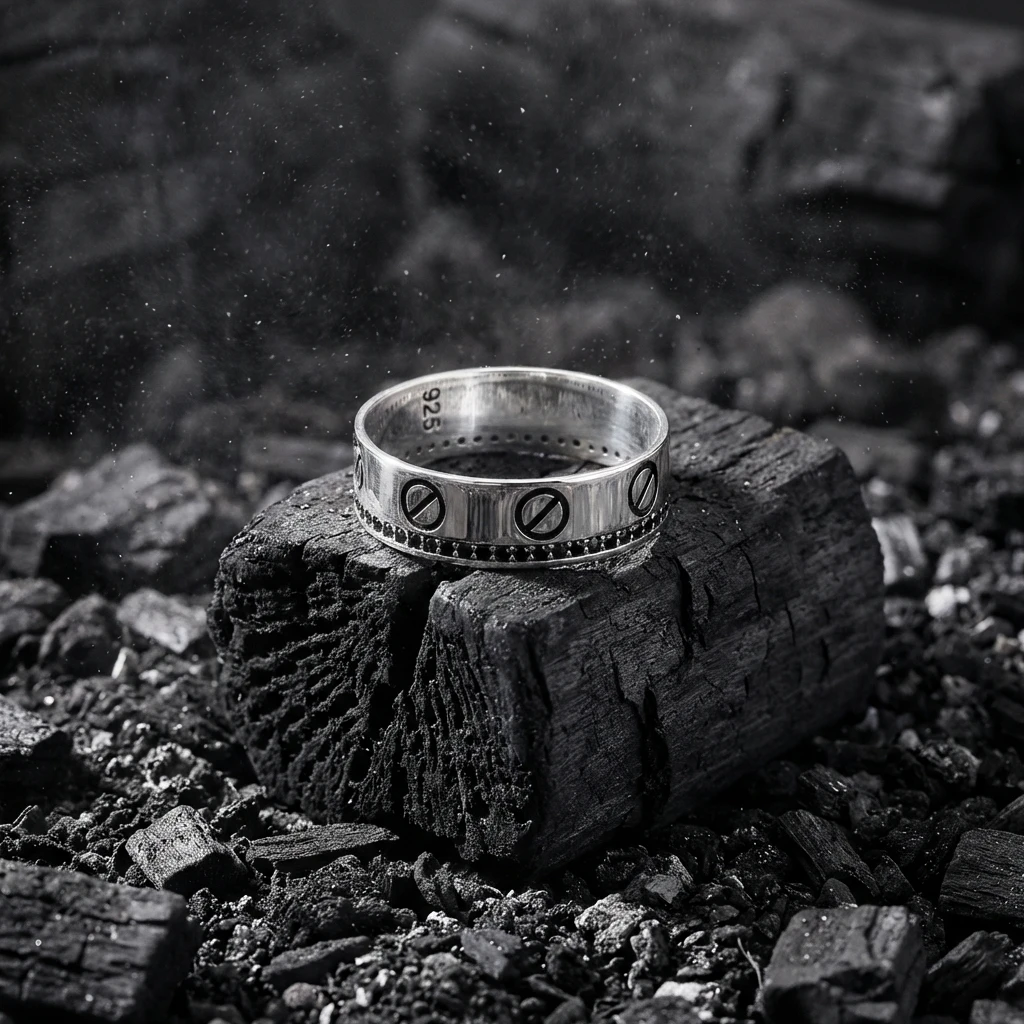 Vida Desenli Siyah Taşlı Alyans