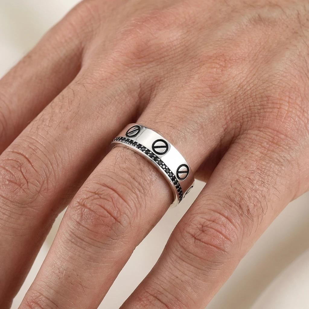 Vida Desenli Siyah Taşlı Alyans