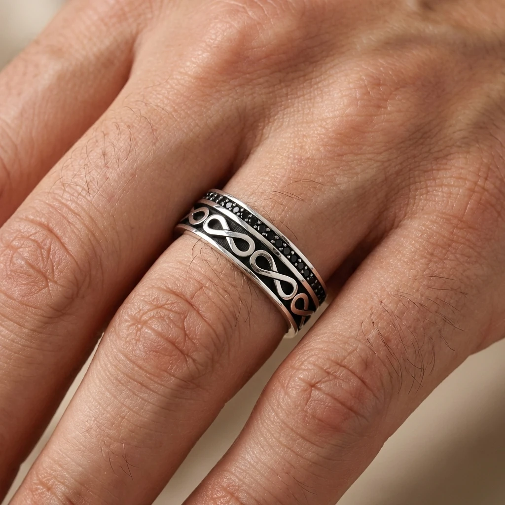 Sonsuzluk Sembollü Siyah Taşlı Alyans