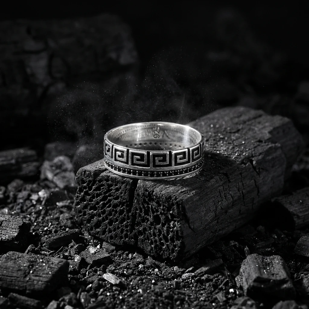 Labirent Desenli ve Siyah Taşlı Tasarım Alyans