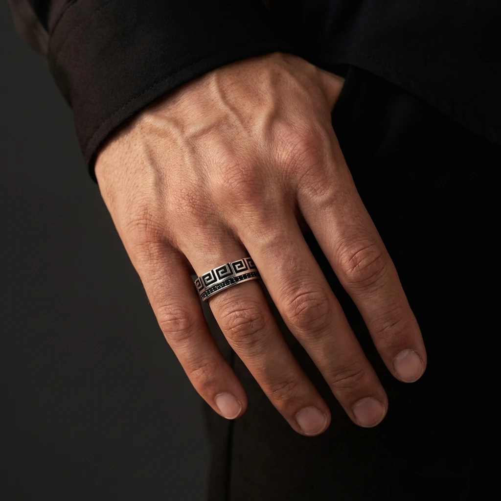 Labirent Desenli ve Siyah Taşlı Tasarım Alyans