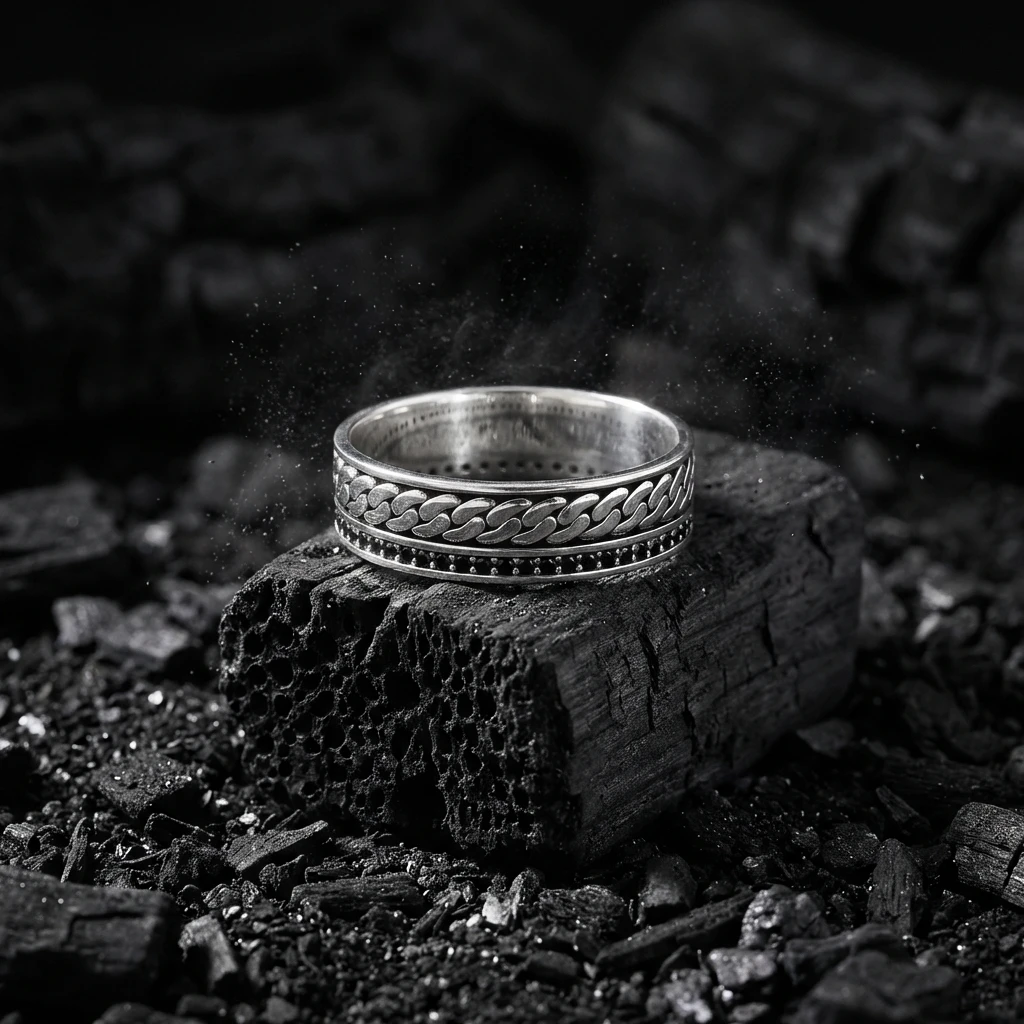 Gurmet Zincir Desenli Siyah Taşlı Alyans