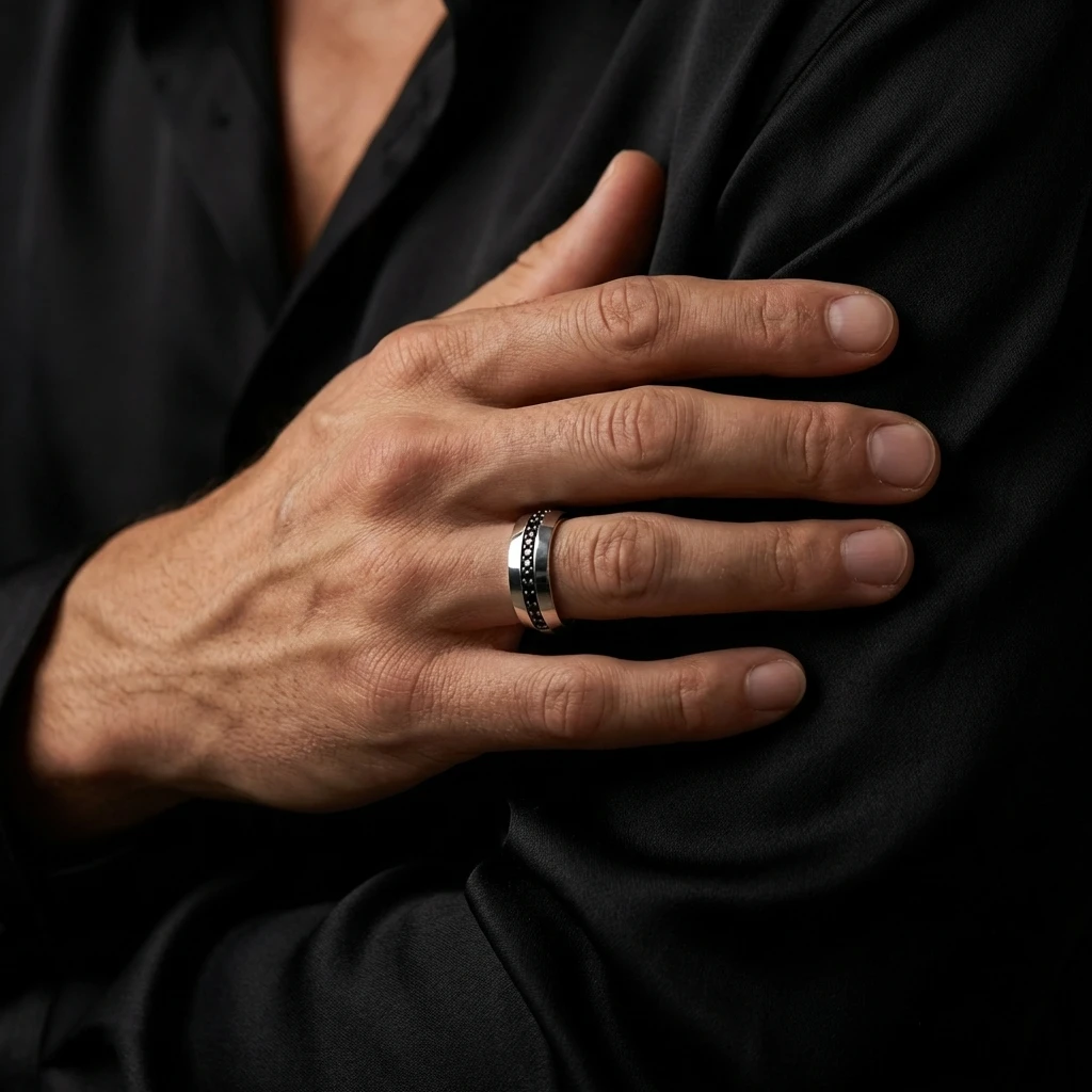 Siyah Zirkon Taşlı Modern Erkek Alyans