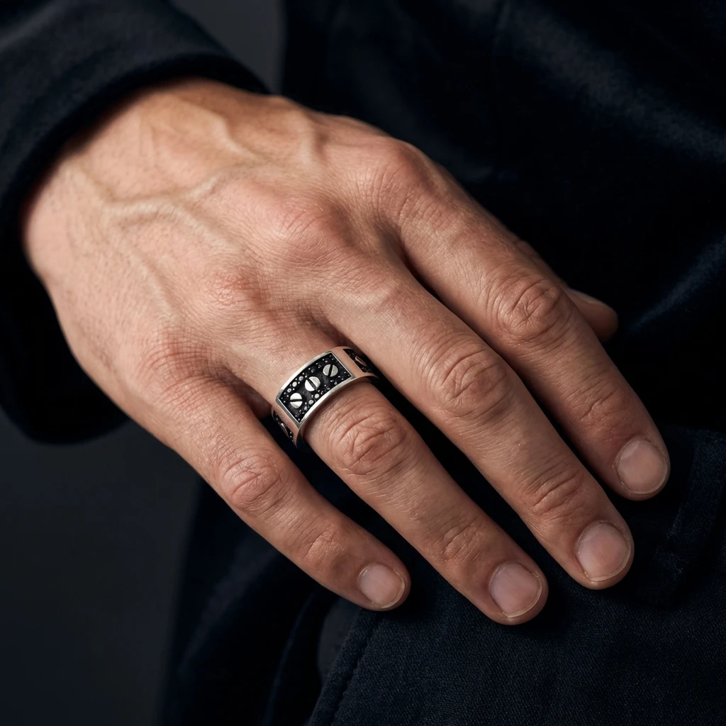 Vida Motifli Siyah Taşlı Erkek Alyans