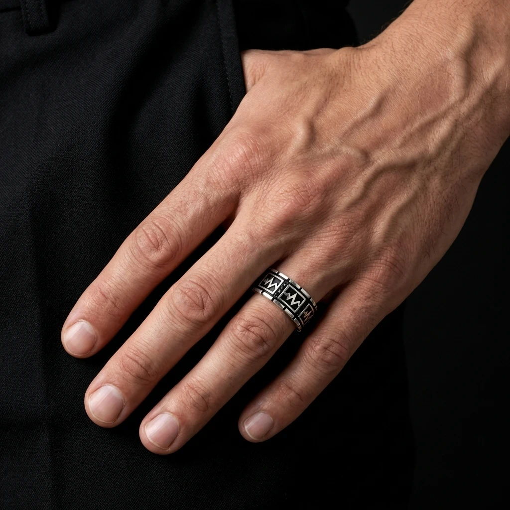 Zikzak Desenli Siyah Taşlı Erkek Alyans