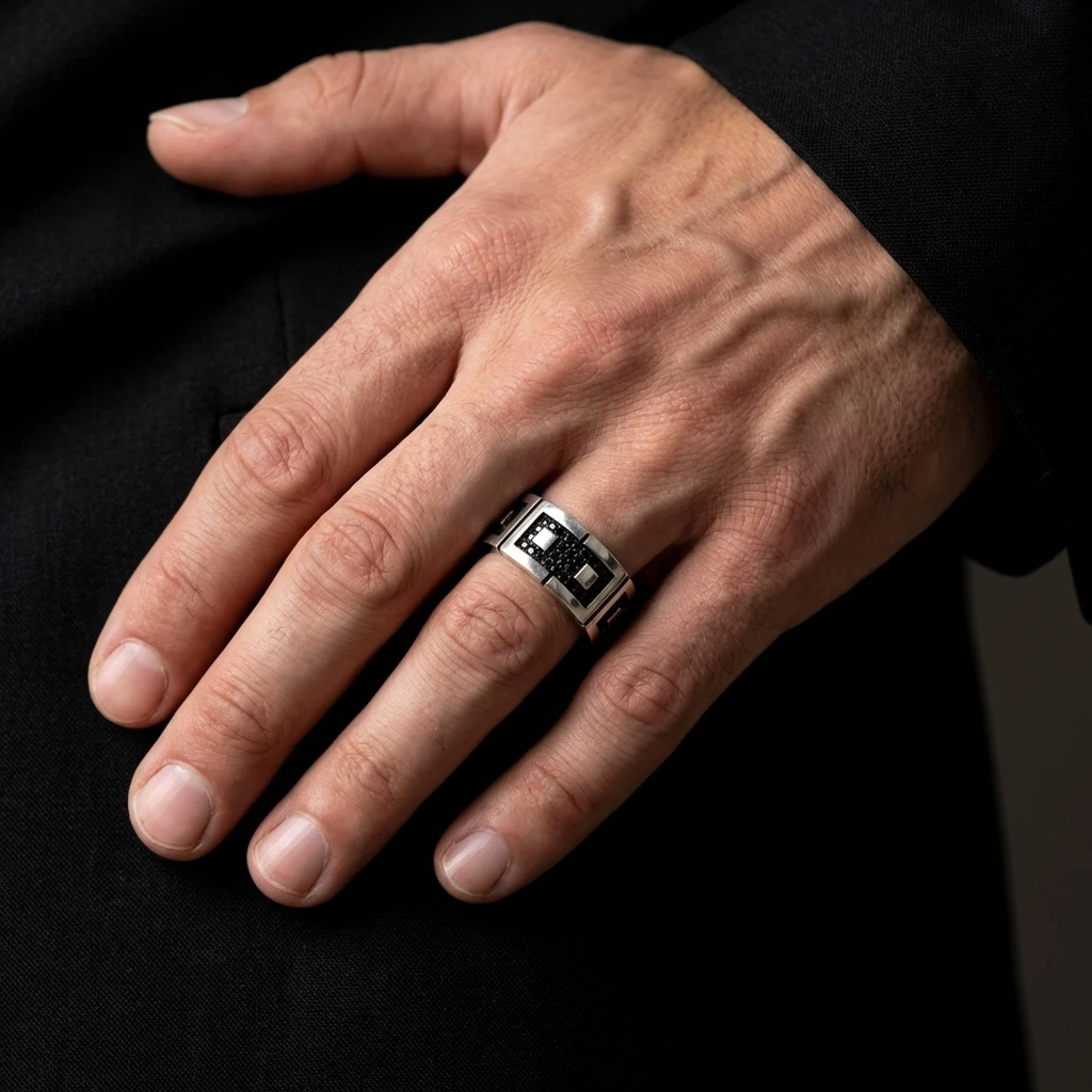 Dikdörtgen Panel Tasarımlı Siyah Taşlı Erkek Alyans