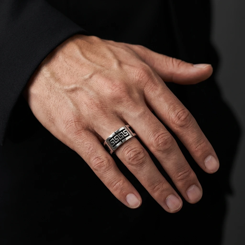 Grek Anahtarı Desenli Siyah Taşlı Erkek Alyans