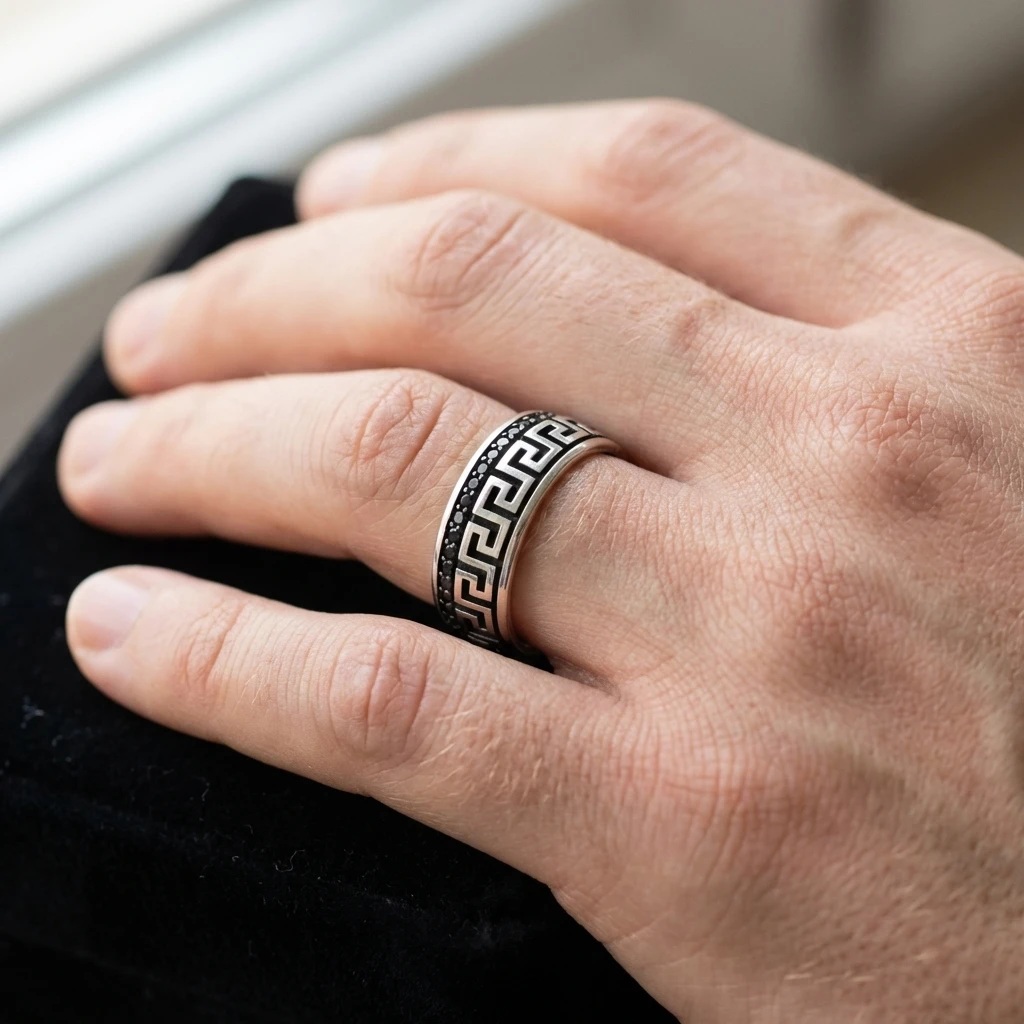 Greek Desenli Siyah Taşlı Erkek Alyans