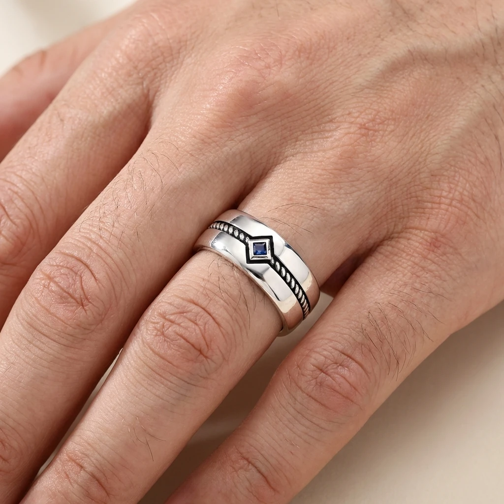 Mavi Taşlı Burgu Desenli Erkek Alyans