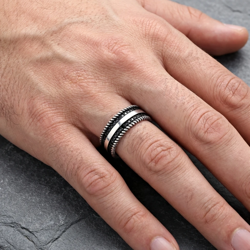 İki Şeritli Burgu ve Siyah Taşlı Erkek Alyans