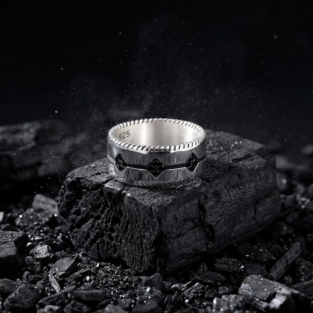 Üç Sıra Siyah Taşlı ve Burgu Kenarlı Erkek Alyans