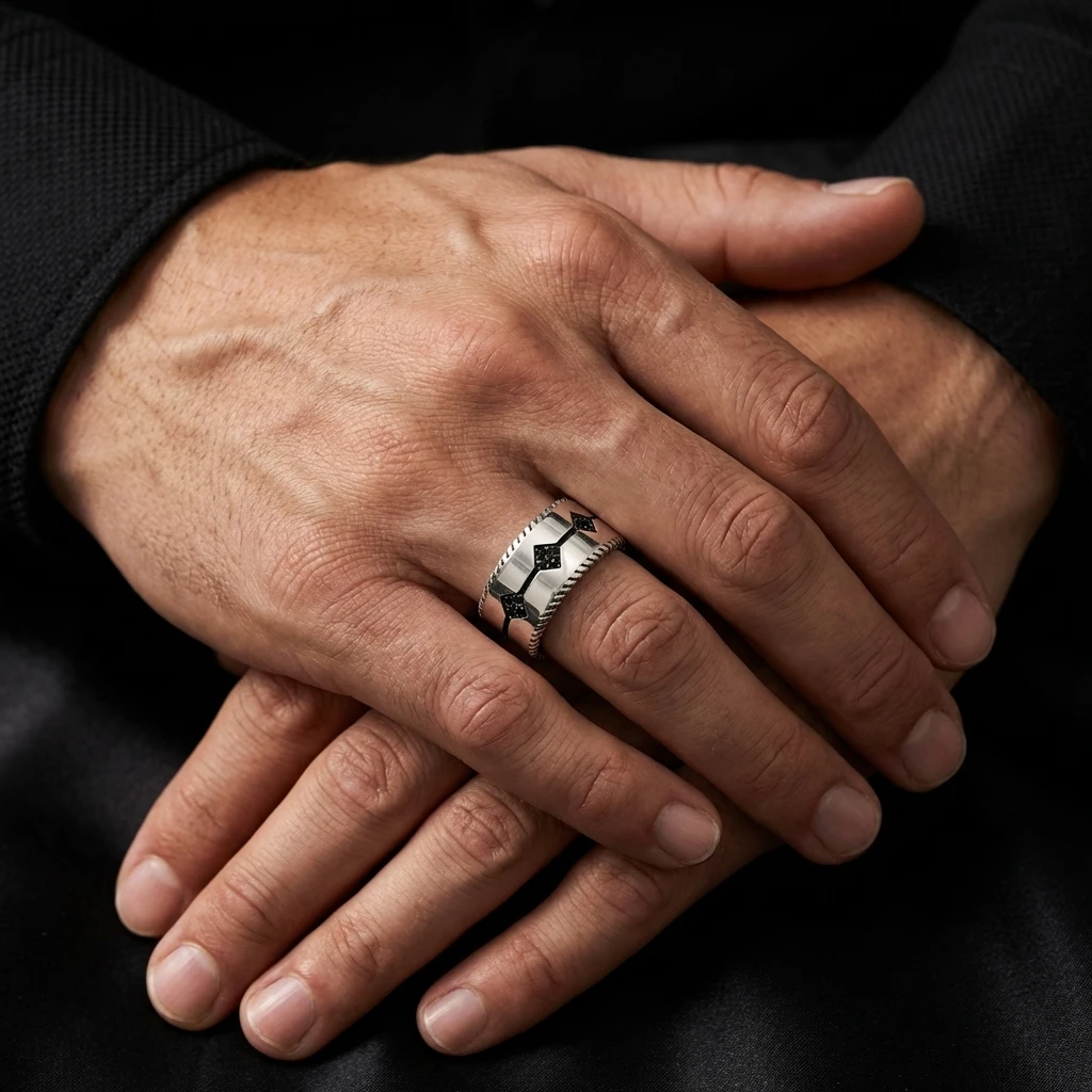 Üç Sıra Siyah Taşlı ve Burgu Kenarlı Erkek Alyans