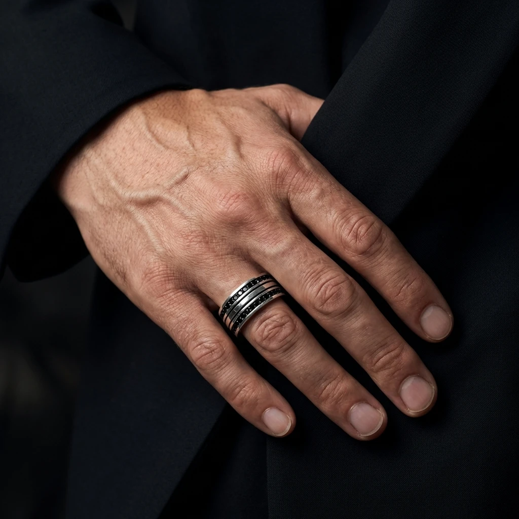 Çift Sıra Siyah Taşlı Erkek Alyans