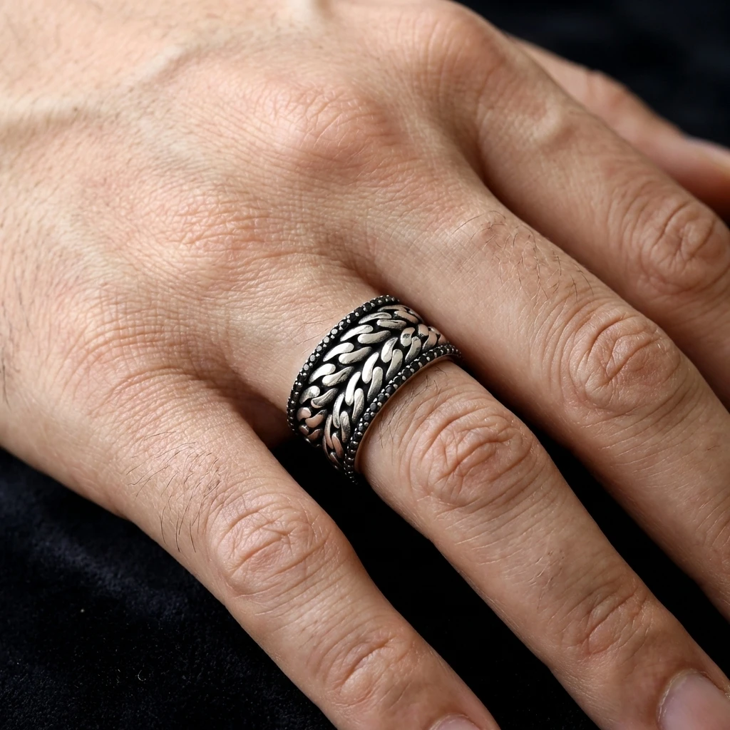 Çift Sıra Zincir Örgü Model Siyah Taşlı Erkek Alyans