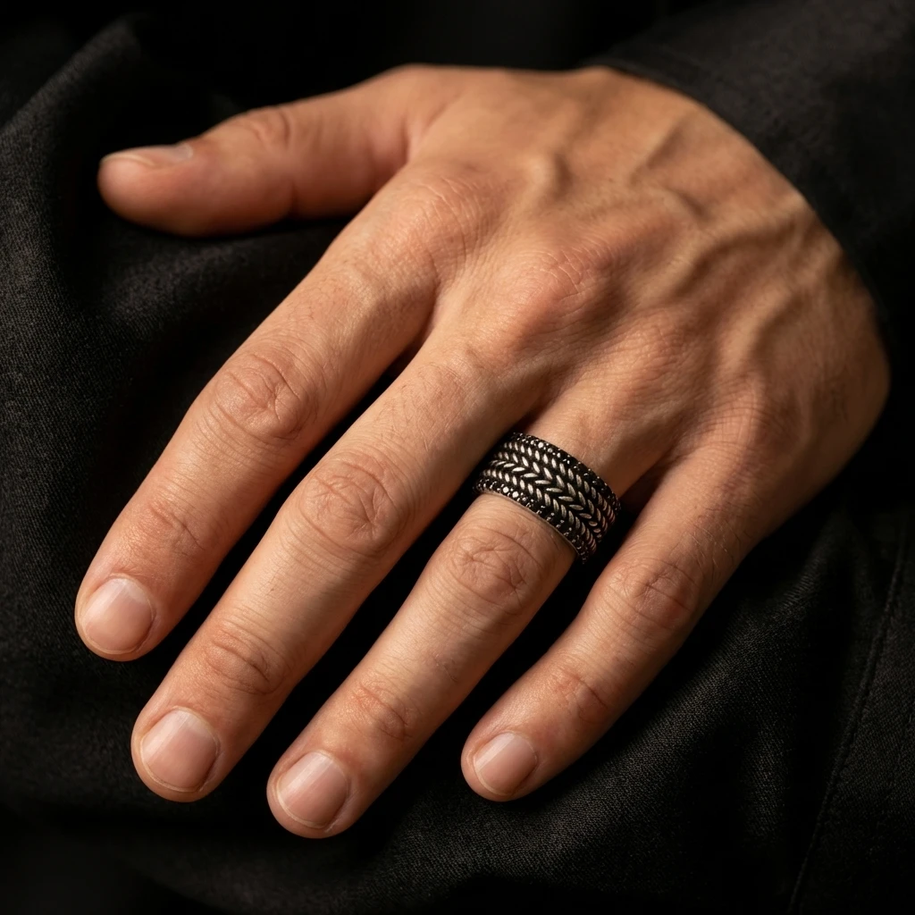 Başak Desenli Siyah Zirkon Taşlı Erkek Alyans