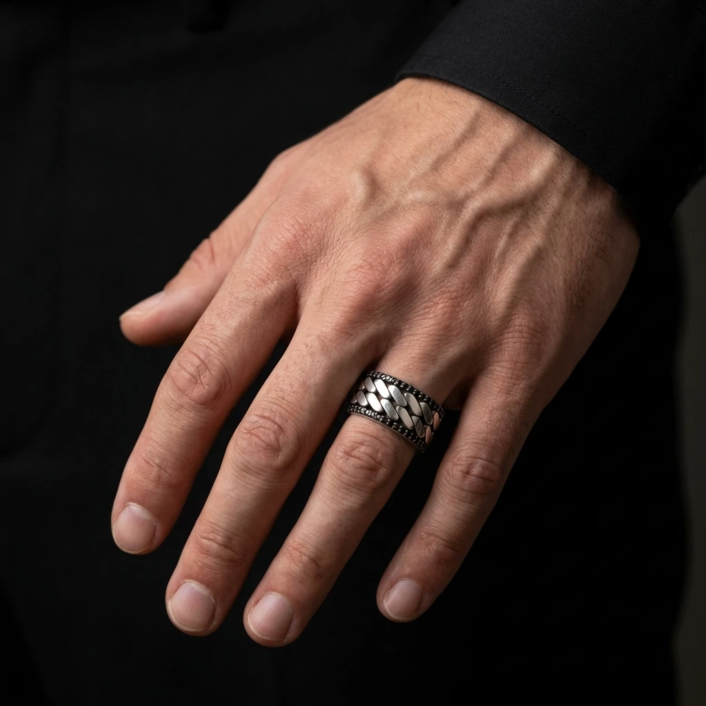 Gümüş Kenetli Bakla Desenli Siyah Taşlı Erkek Alyans