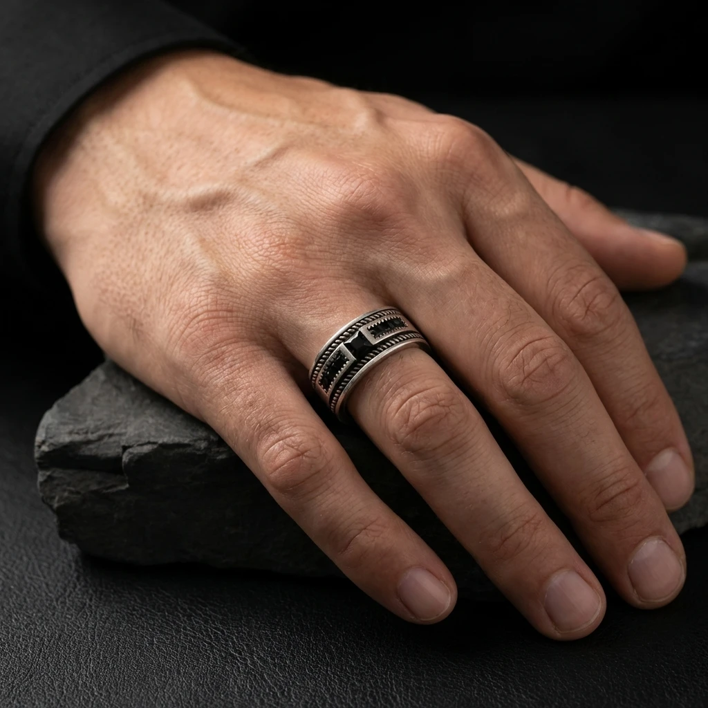 Kare Siyah Taşlı ve Halat Desenli Erkek Alyans