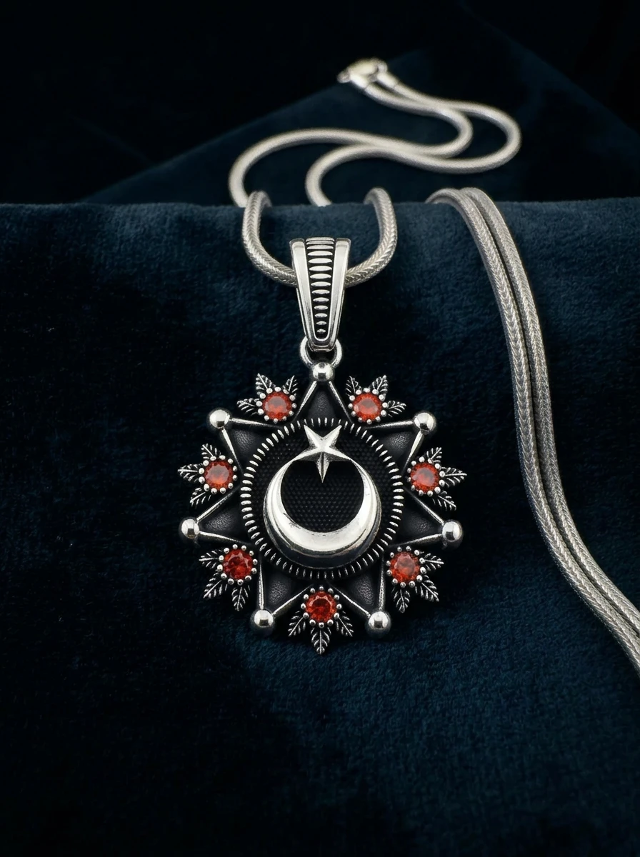 Kırmızı Taşlı Yaprak Motifli Ay Yıldız Kolye Ucu