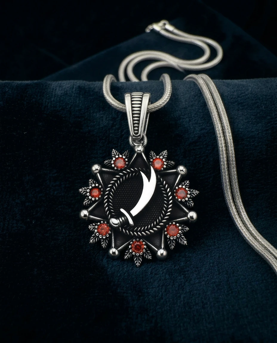 Zülfikar Kılıcı Detaylı Kırmızı Taşlı Madalyon Kolye Ucu