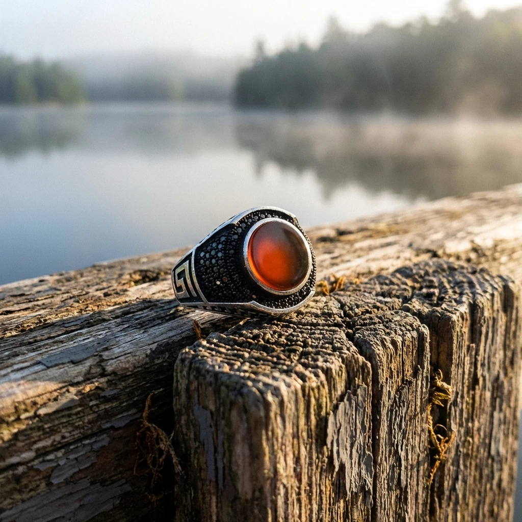 Doğal Akik Taşlı Labirent Desenli Şık Erkek Yüzük