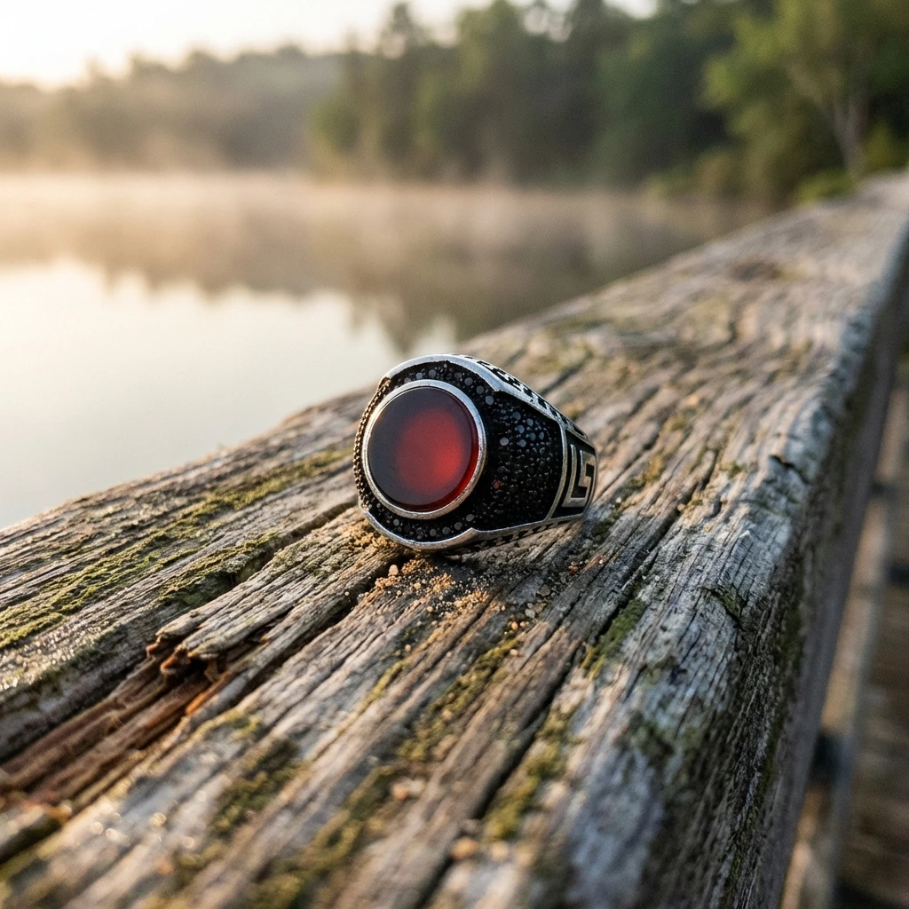 Doğal Akik Taşlı Labirent Desenli Şık Erkek Yüzük