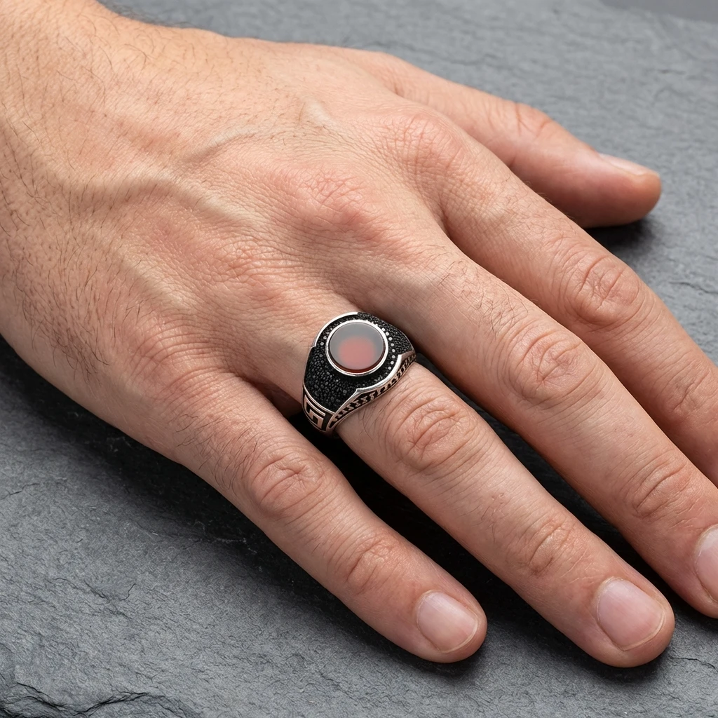 Doğal Akik Taşlı Labirent Desenli Şık Erkek Yüzük