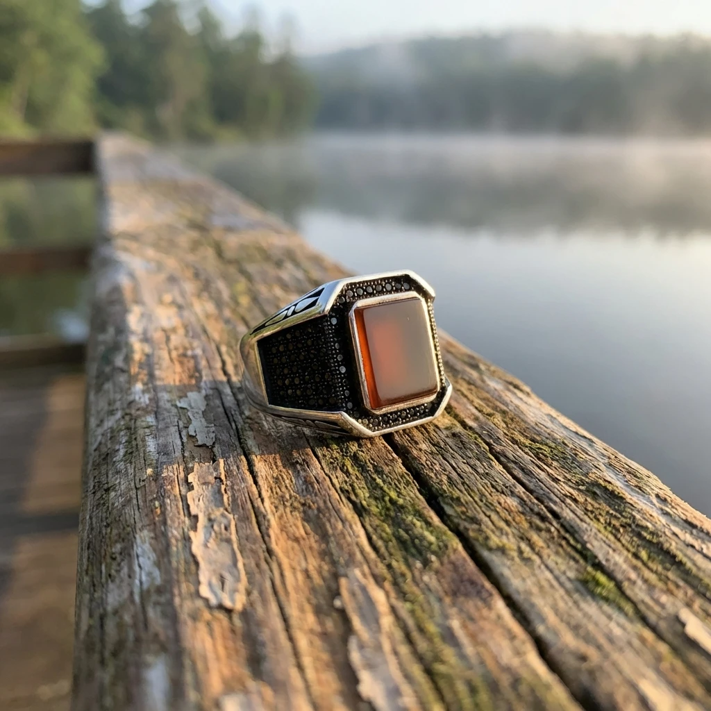 Kare Doğal Akik Taşlı Siyah Mikro İşlemeli Modern Erkek