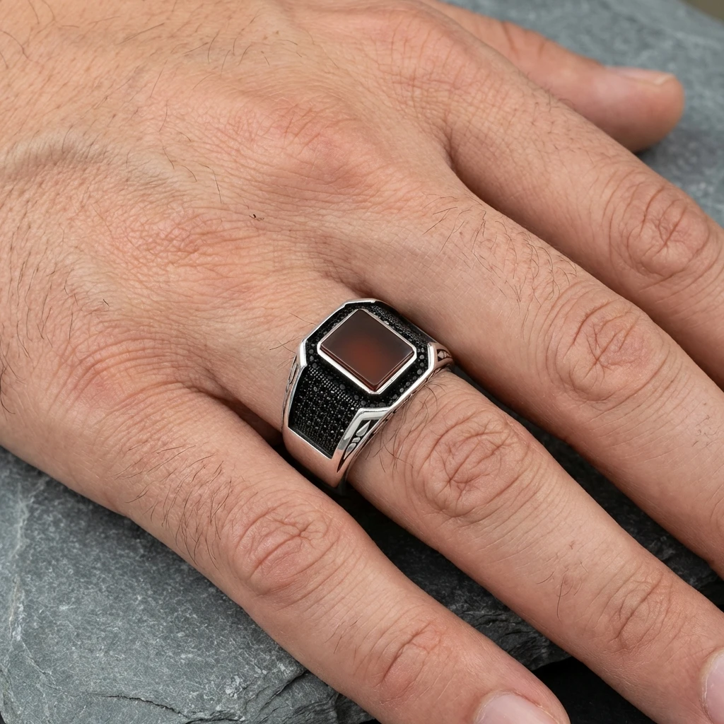 Kare Doğal Akik Taşlı Siyah Mikro İşlemeli Modern Erkek