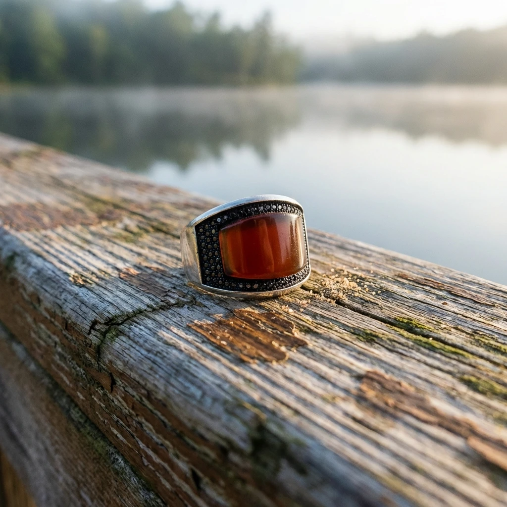 Modern Bombeli Tasarım Doğal Akik Taşlı Erkek Yüzük