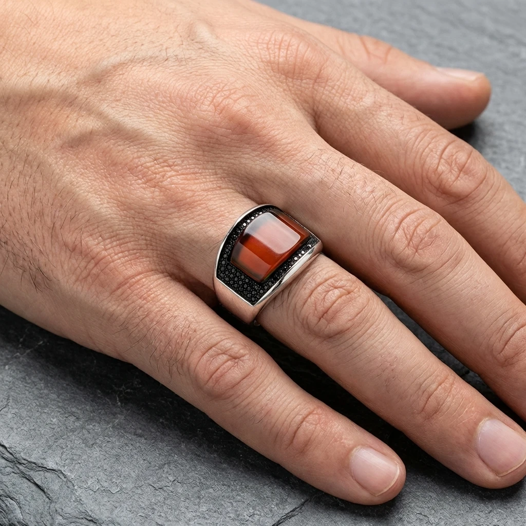 Modern Bombeli Tasarım Doğal Akik Taşlı Erkek Yüzük