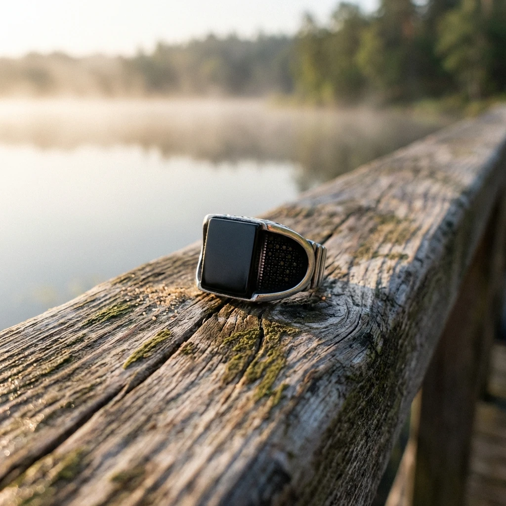 Modern Kare Kesim Siyah Oniks Taşlı Erkek Yüzük