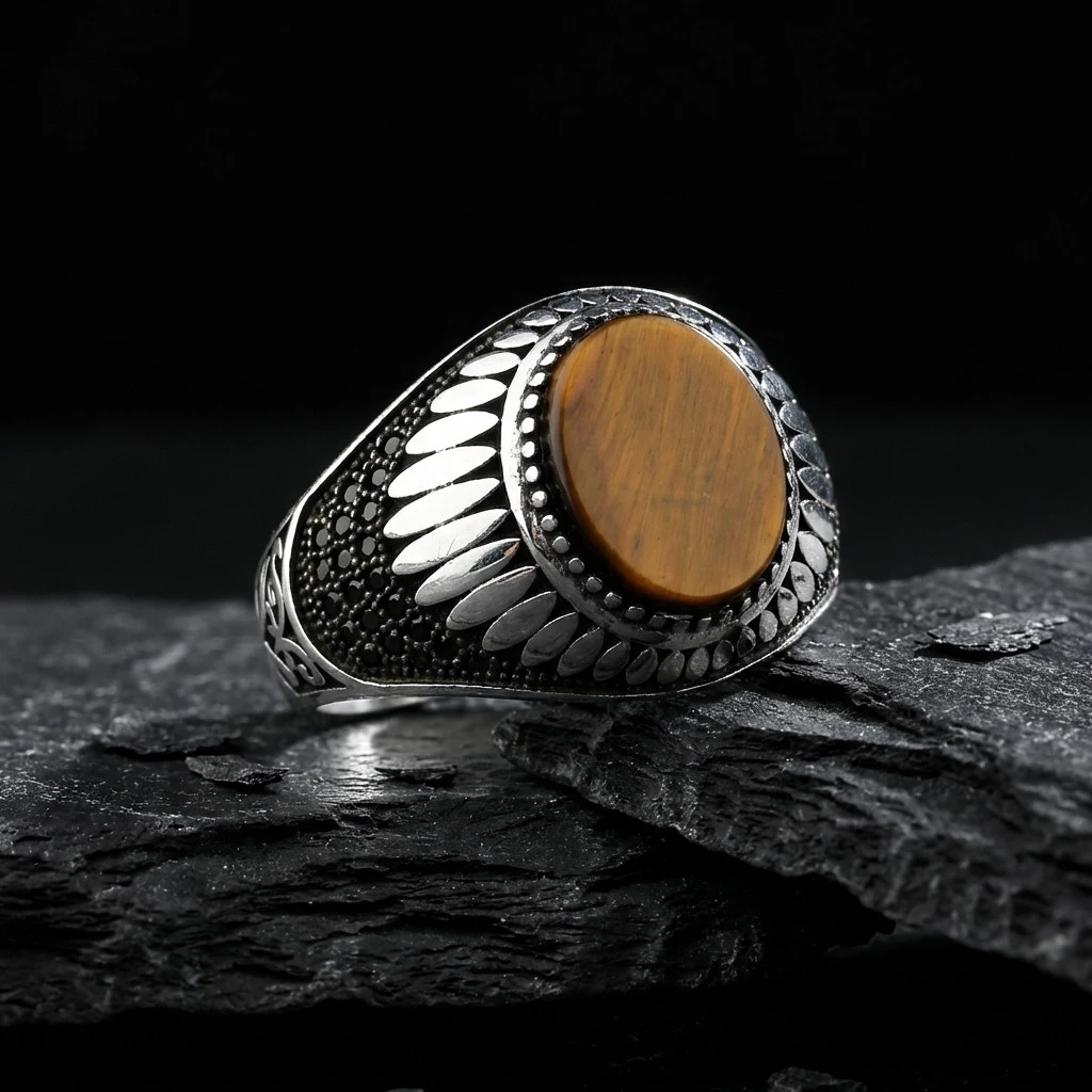 Kaplan Gözü Taşlı Işın Motifli Modern Erkek Yüzük