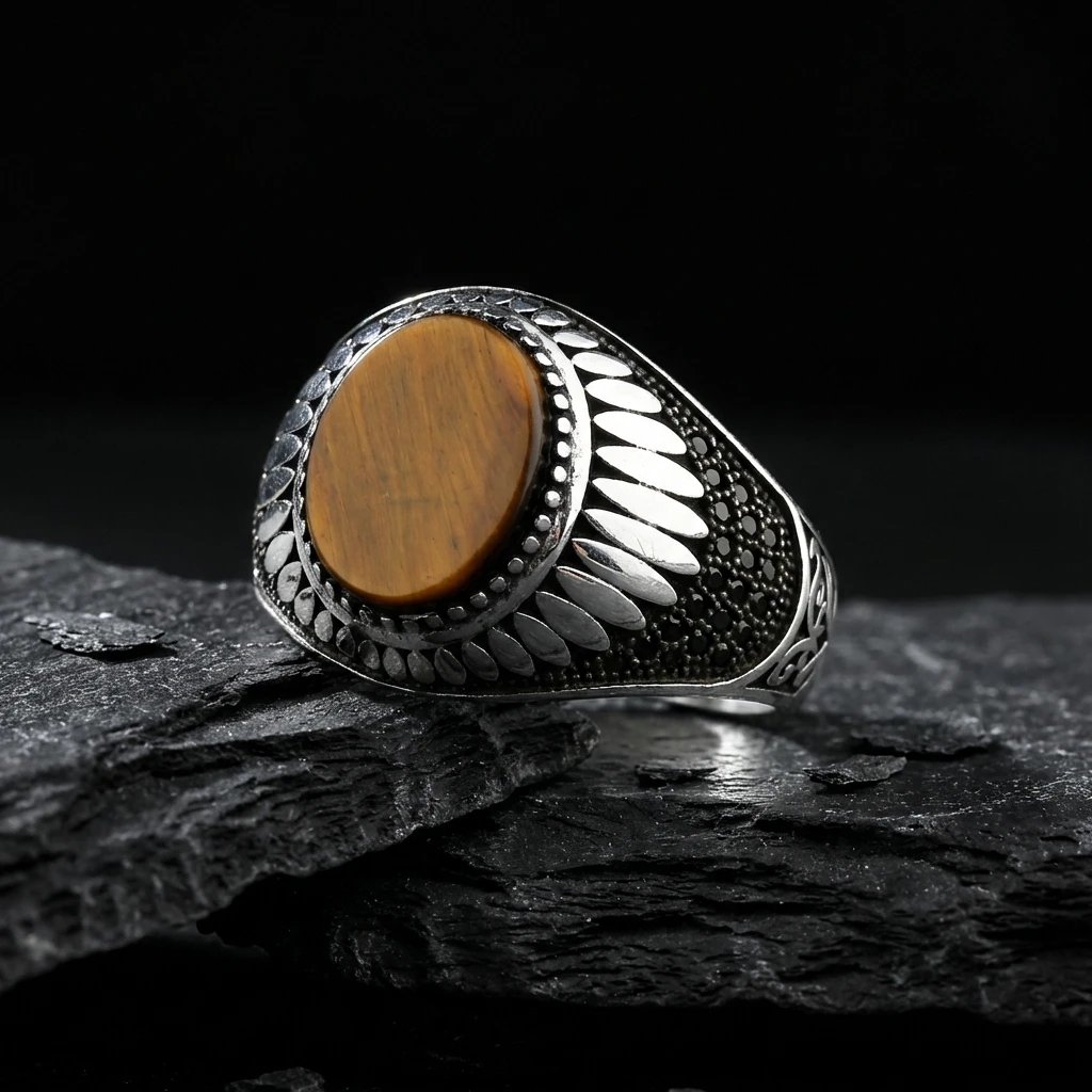 Kaplan Gözü Taşlı Işın Motifli Modern Erkek Yüzük