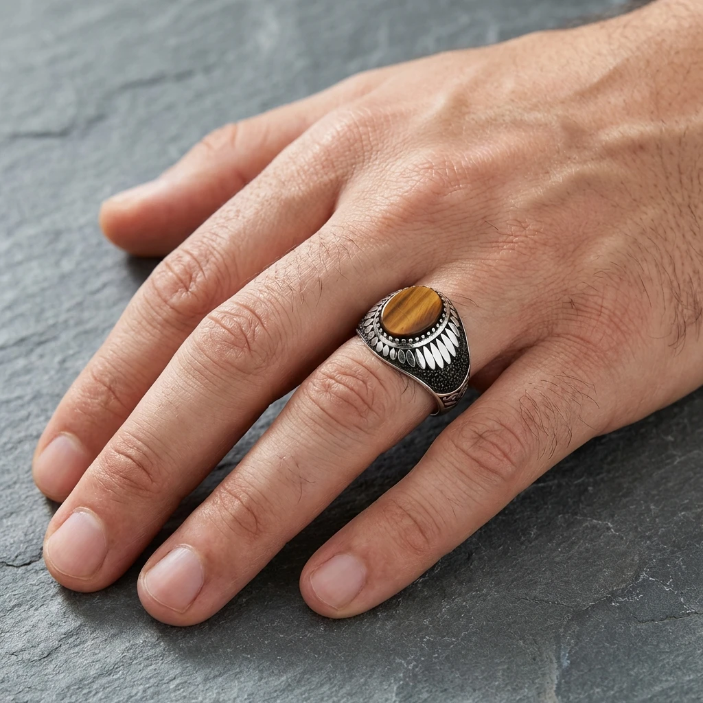 Kaplan Gözü Taşlı Işın Motifli Modern Erkek Yüzük