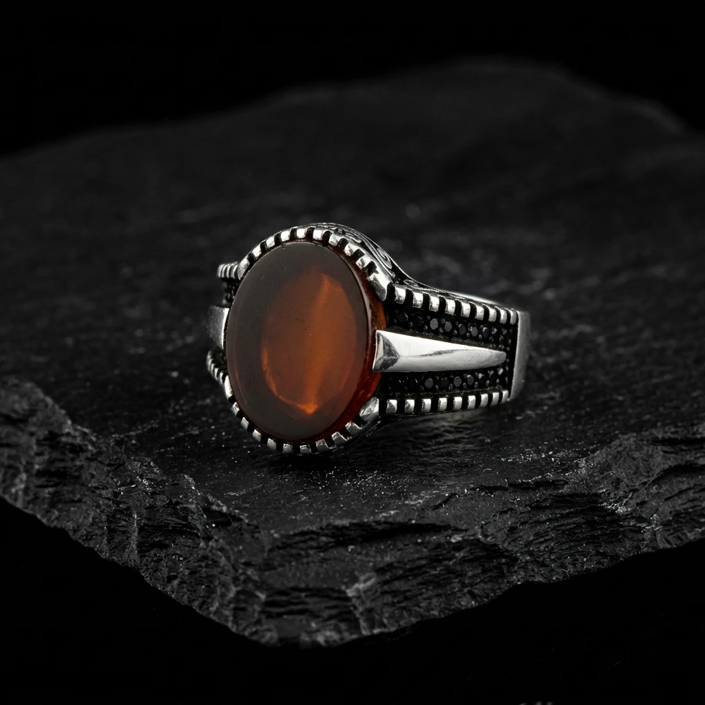 Kızıl Akik Taşlı Minimal Erkek Yüzük