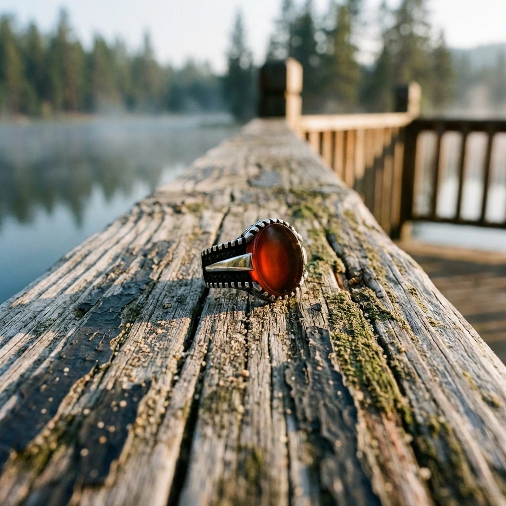 Kızıl Akik Taşlı Minimal Erkek Yüzük