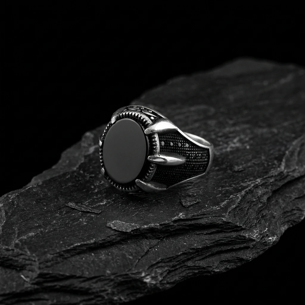 Pençe Detaylı Siyah Oniks Taşlı Erkek Yüzük